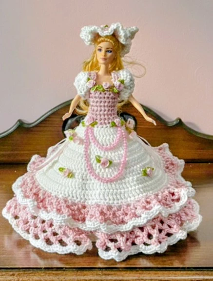 Handmade Crocheted Doll Dress - Pink and White