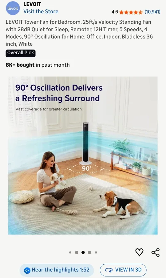 LEVOIT Tower Fan - 36 inch, White image indicator(3)