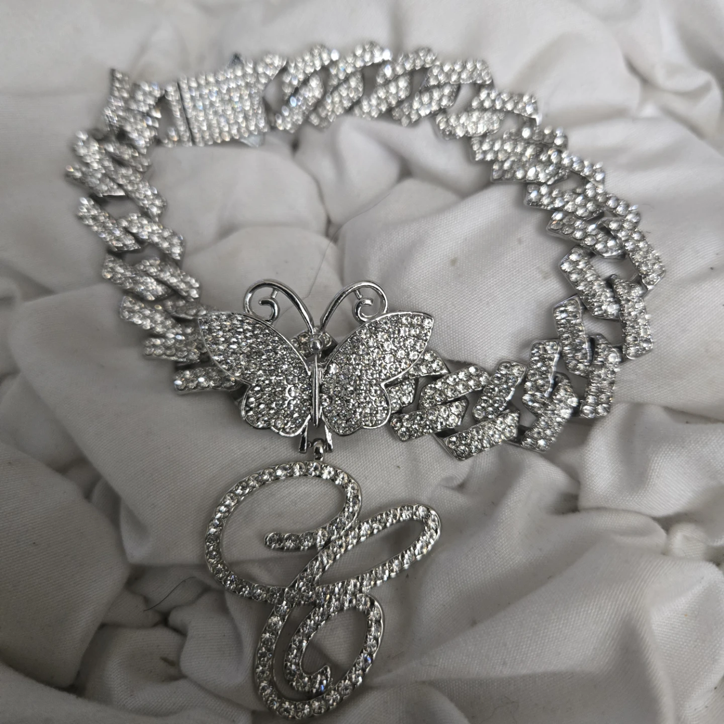 Butterfly & Initial Pendant Rhinestone Chain Necklace