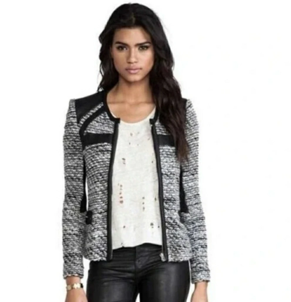 IRO Izzy Black Leather Grey Knit Jacket Sweater