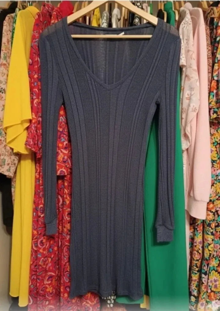 Grey/Blue Ribbed Knit Mini Dress image indicator(2)