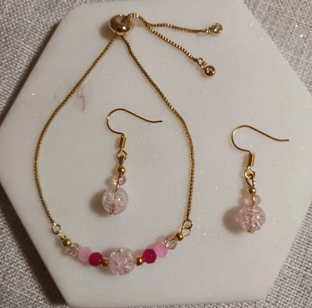 Pink Beaded Bracelet & Earring Set - Handmade image indicator(5)