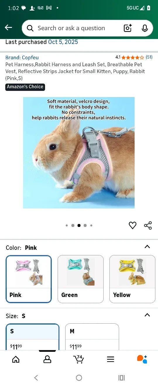 Copfeu Rabbit Harness & Leash Set - Pink (Size S)