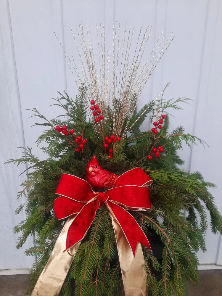 Red and gold cardinal Christmas holiday planter