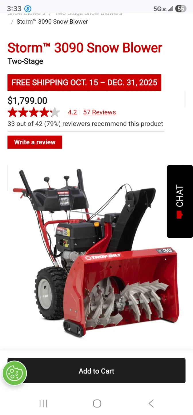New Troy-Bilt Storm 3090 Snow Blower - New in Box!