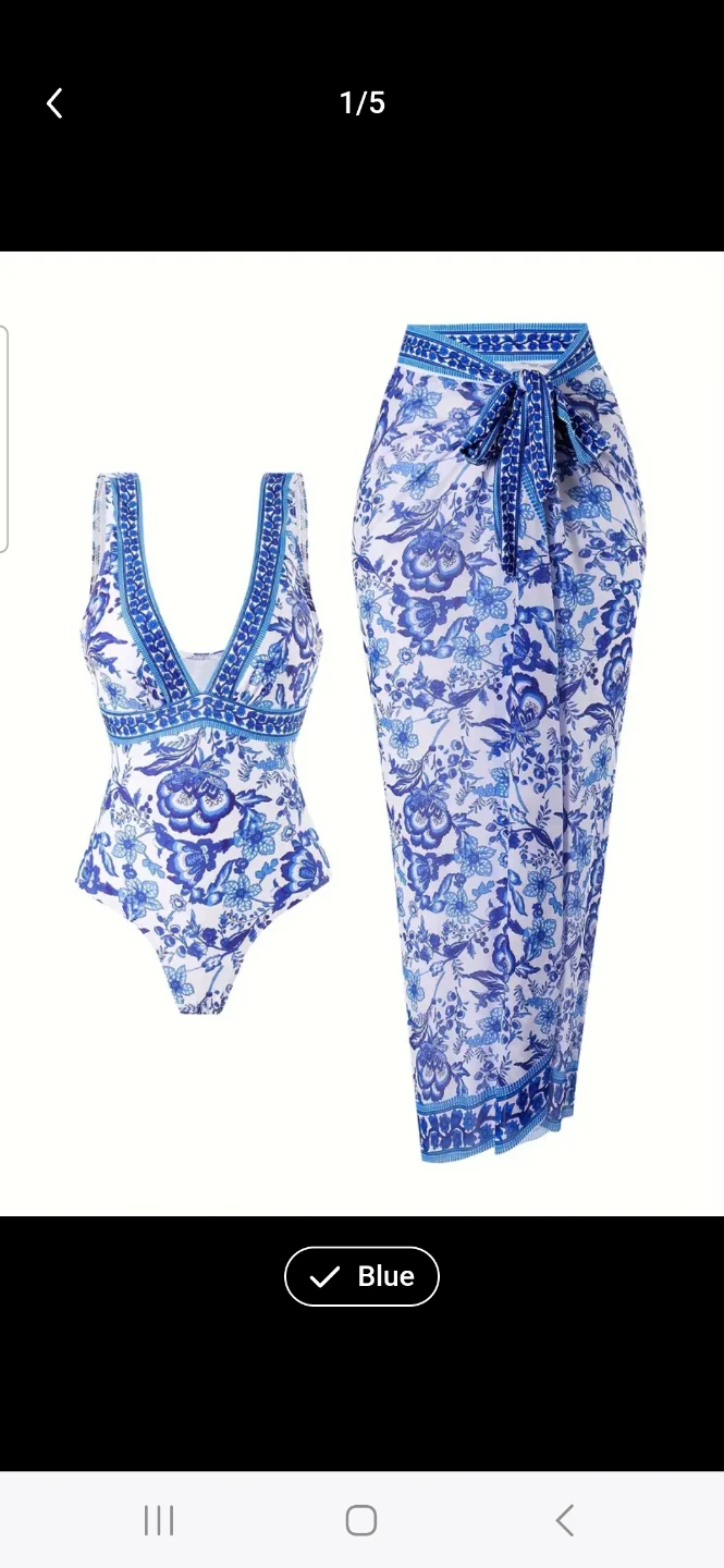 Blue Floral Swimsuit & Sarong Set