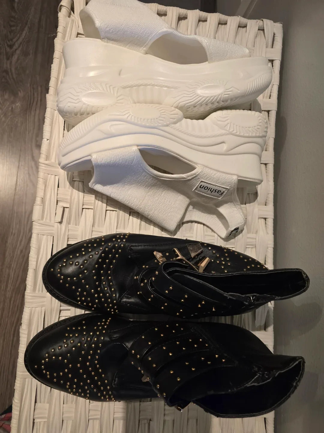 Black Studded Ankle Boots & White Platform Sandals