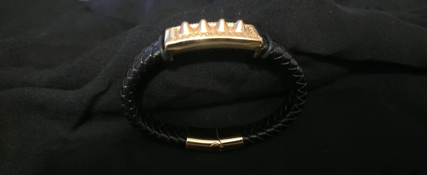 Black Braided Leather Bracelet with Gold Accent