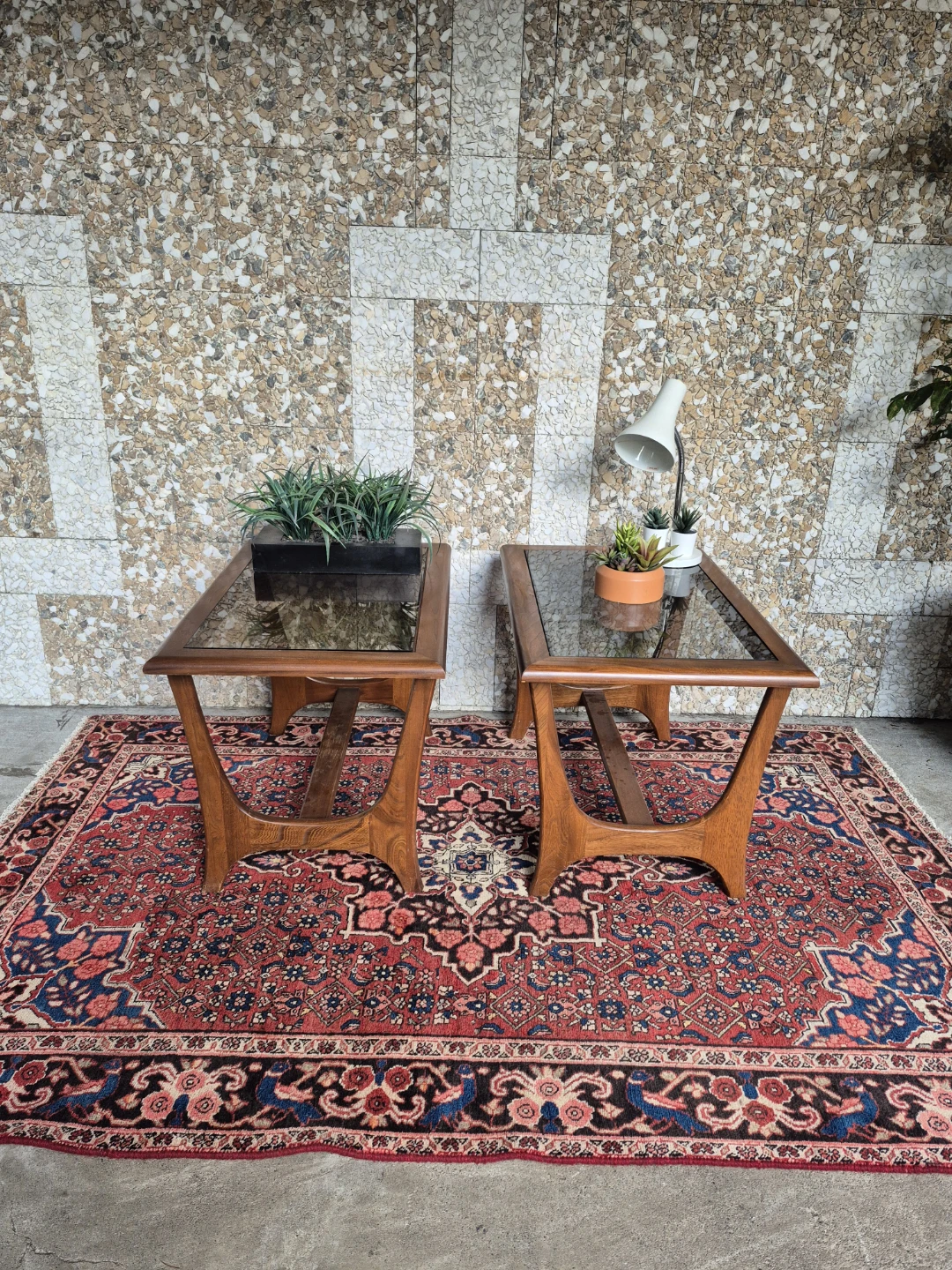 Mid Century Modern Walnut Side Tables with Glass Tops - photo 2