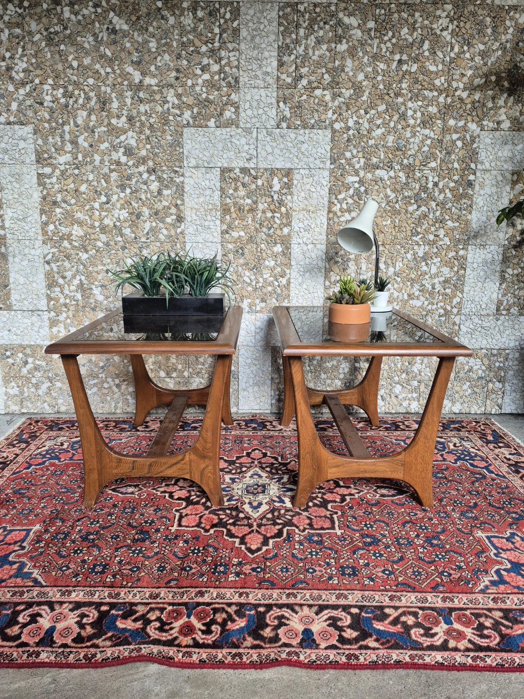 Mid Century Modern Walnut Side Tables with Glass Tops - photo 3