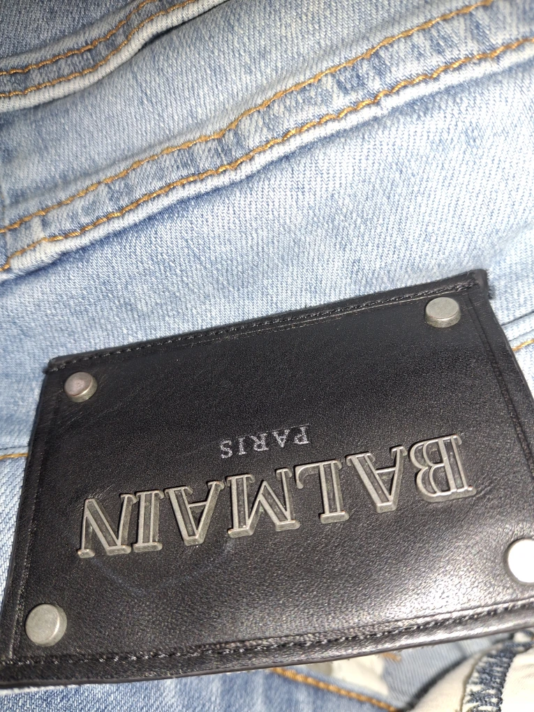 Balmain Paris Distressed Biker Jeans, Size 34