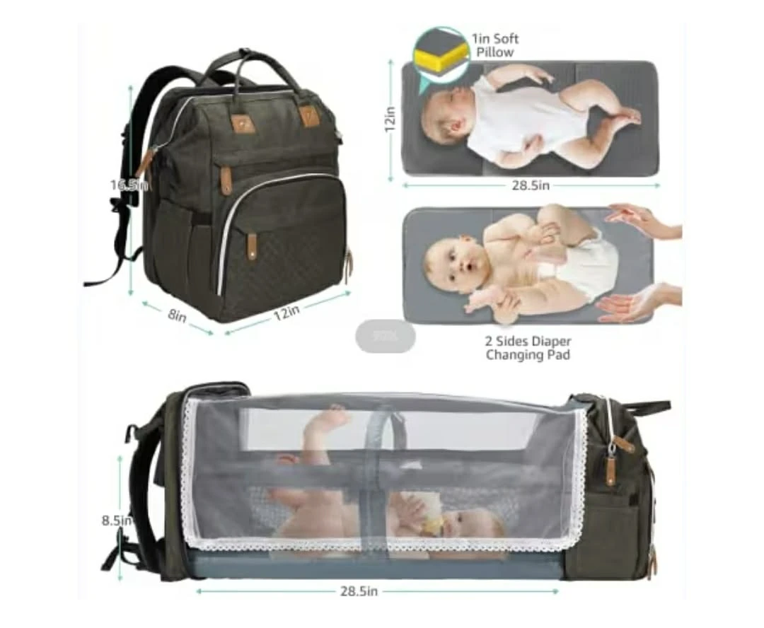 Olive Green Diaper Bag Backpack with Bassinet