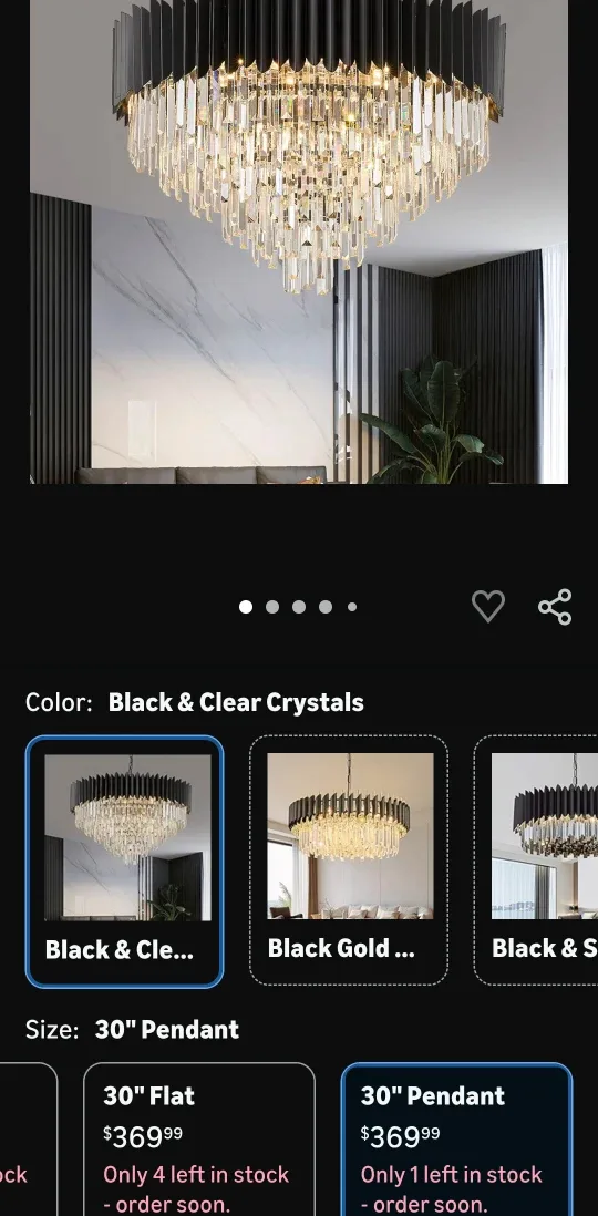 New 30" Black & Clear Crystals Pendant Light