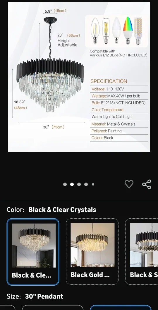 New 30" Black & Clear Crystals Pendant Light image indicator(10)