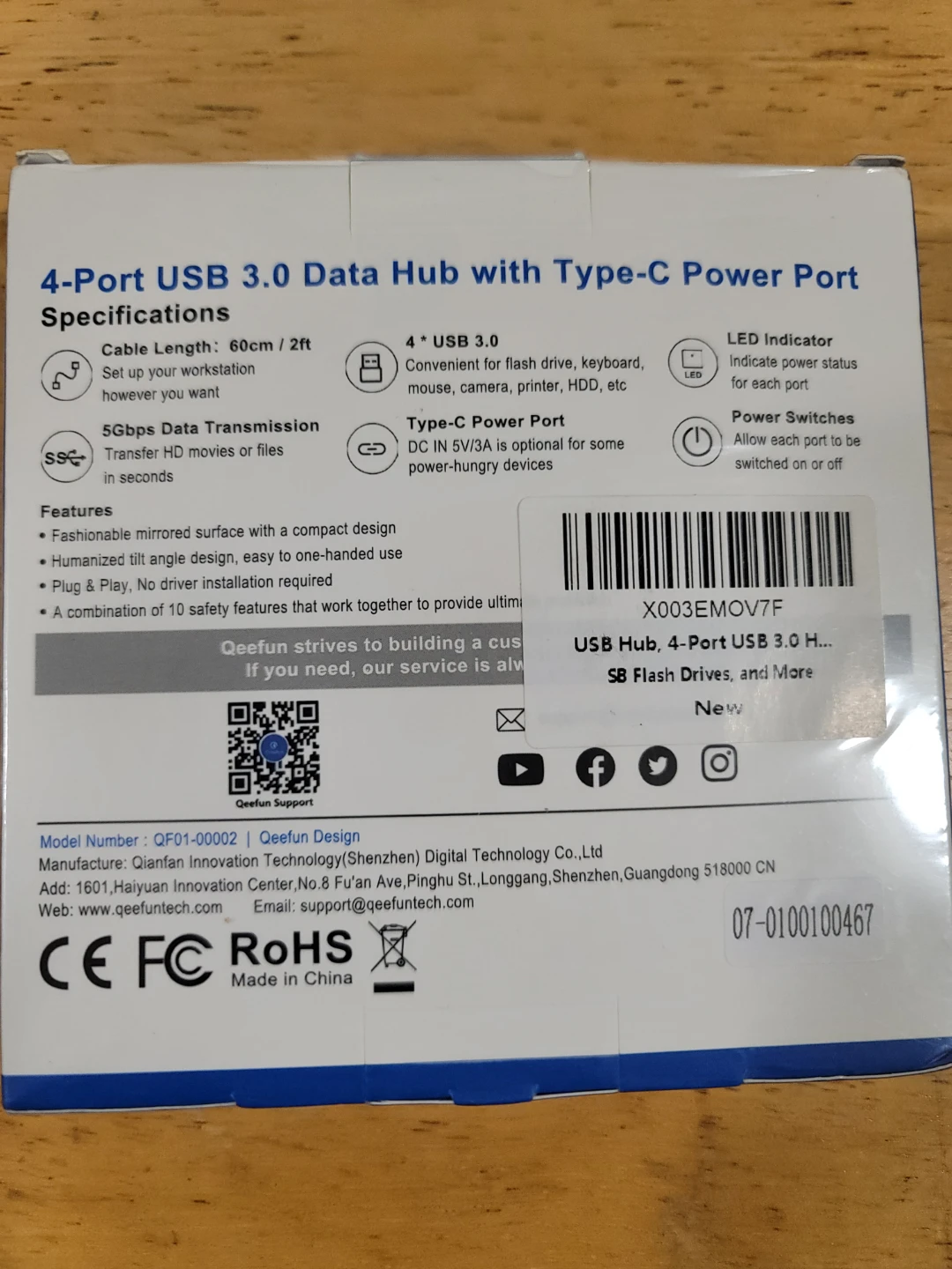 Qeefun 4-Port USB 3.0 Hub, Individual LED Power - photo 5