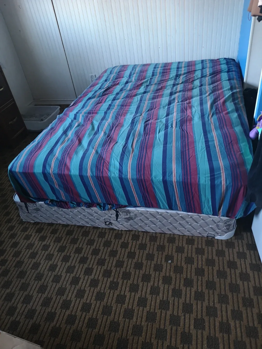 Double mattress with box frame antique foot stool