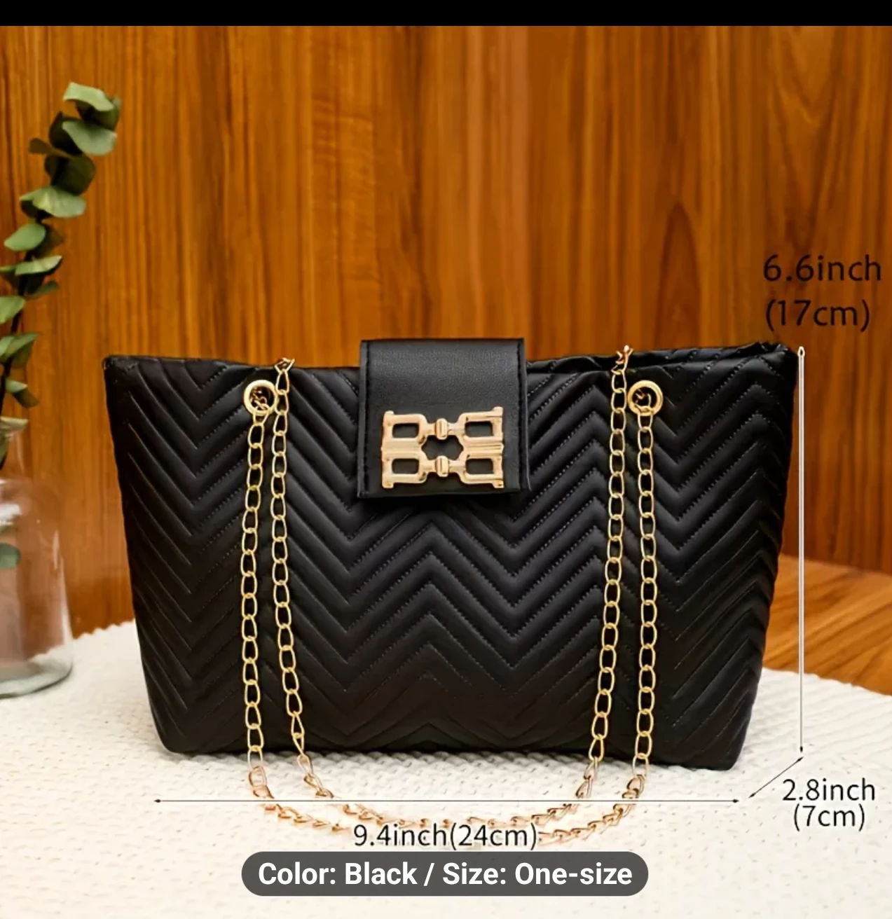 Black Chevron Chain Shoulder Bag - One Size