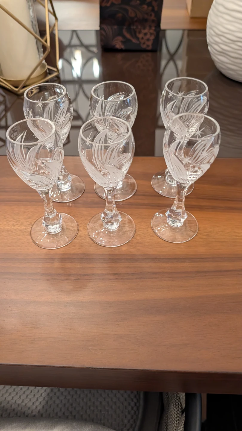 Set of 6 Etched Glass Crystal Glasses