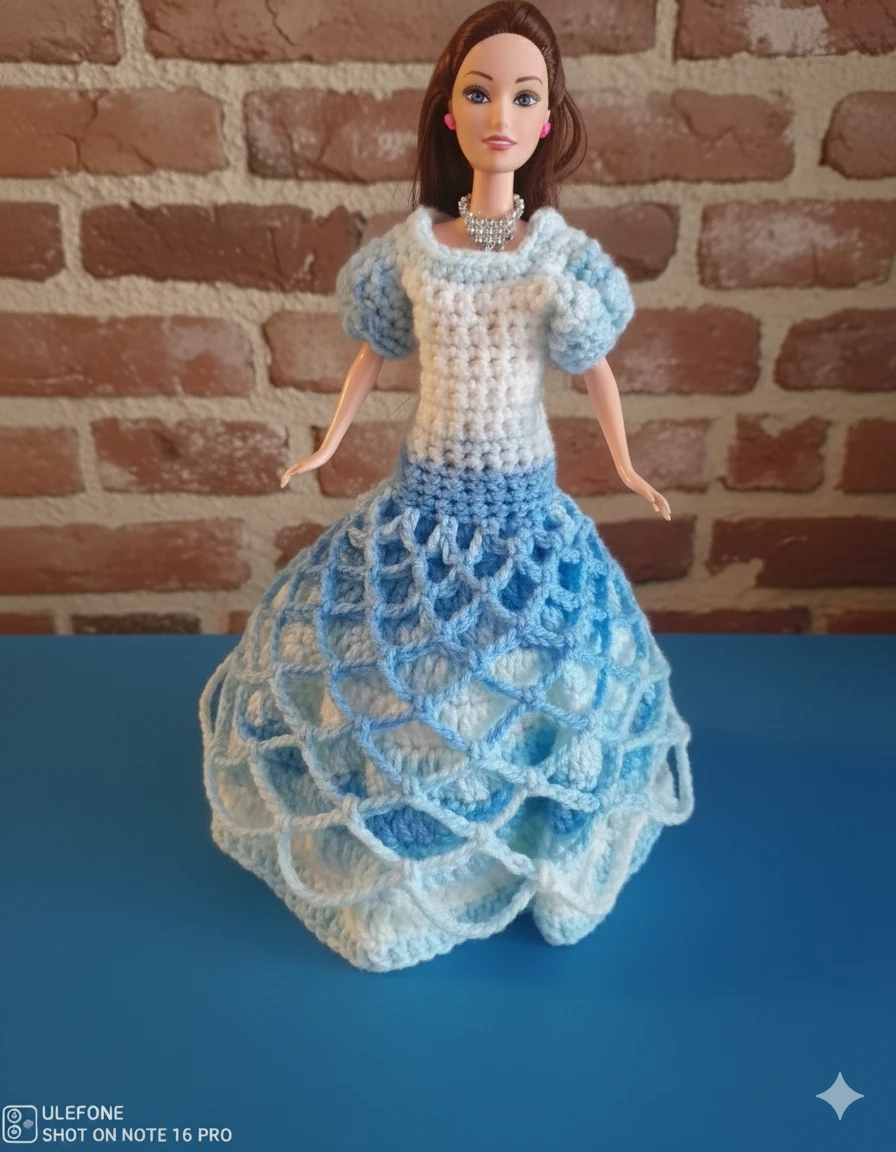 Crocheted Barbie Doll Dress - Blue & White
