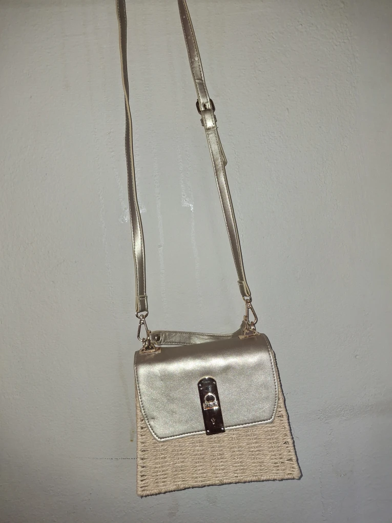Woven Straw & Gold Crossbody Bag