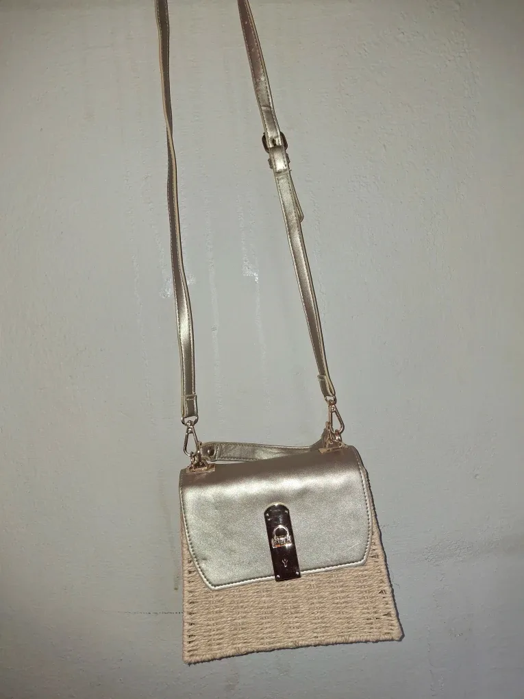 Woven Straw & Gold Crossbody Bag