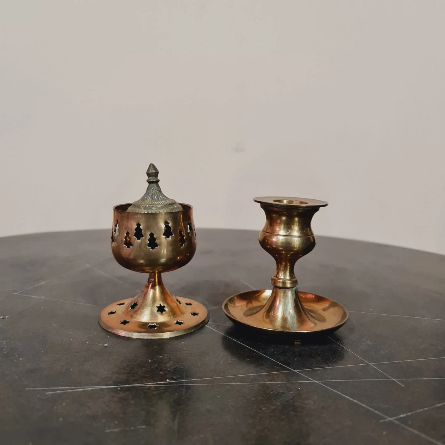 Brass Candlestick and Incense Burner Set