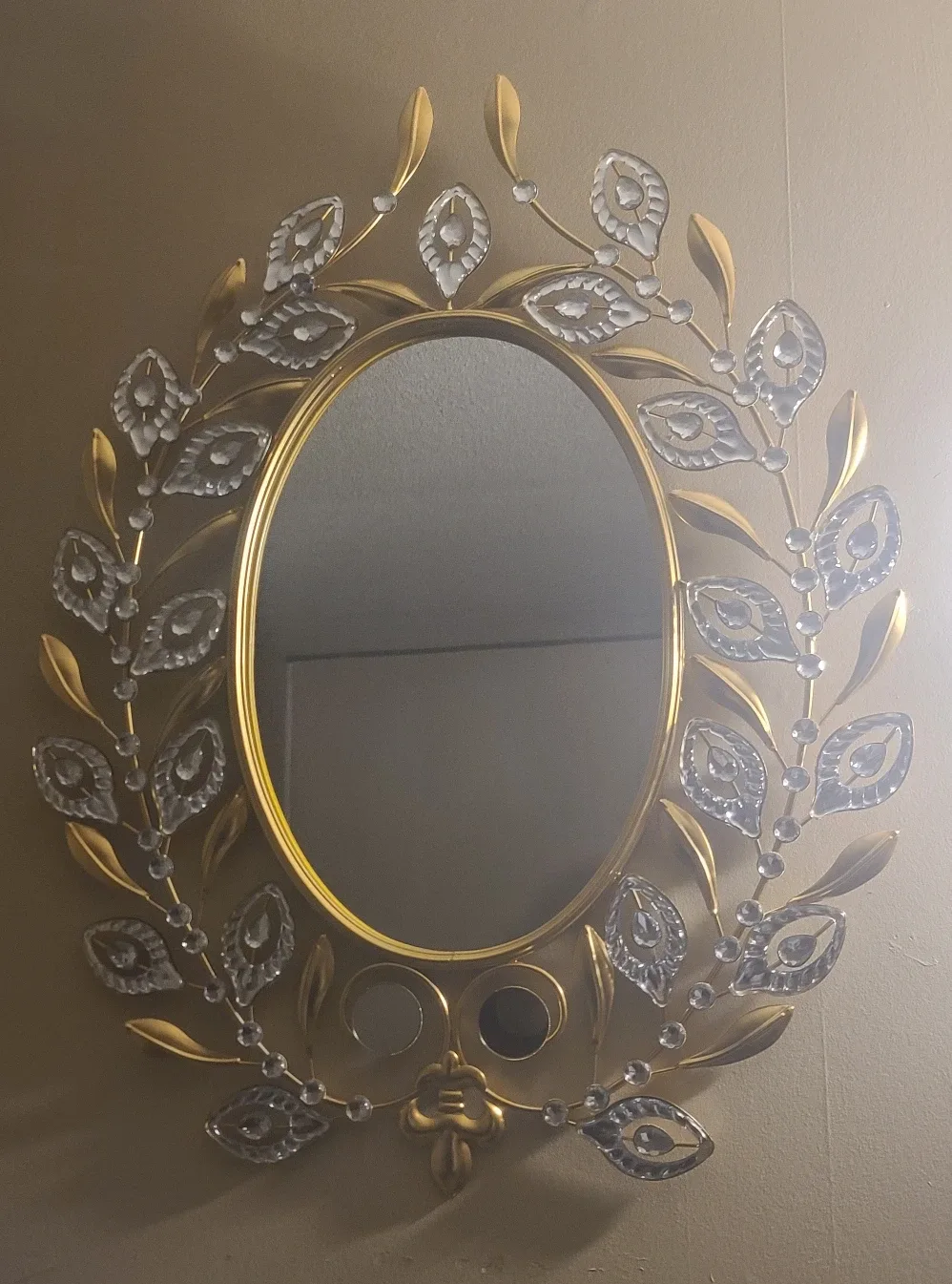 Gold Oval Mirror with Leaf & Crystal Design