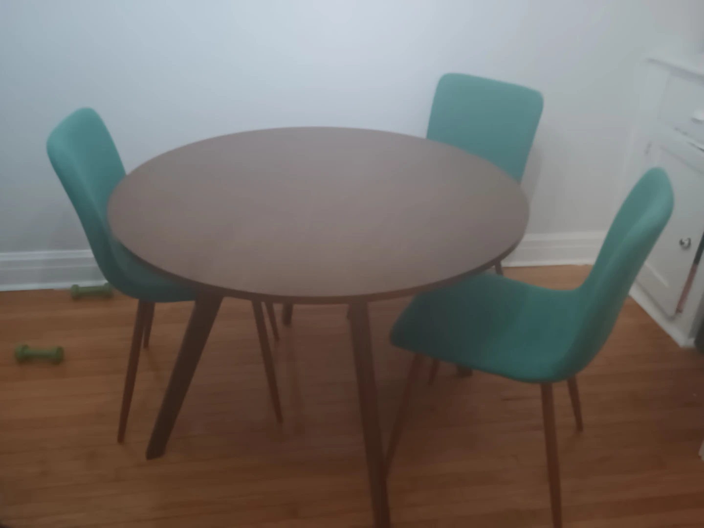 Round Dining Table with 3 Green Chairs