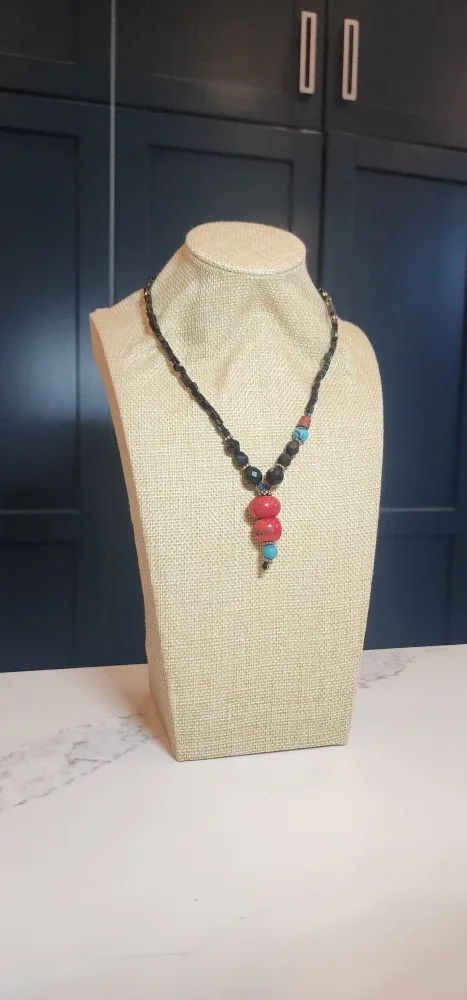 Beaded Statement Necklace - Red, Black, Turquoise