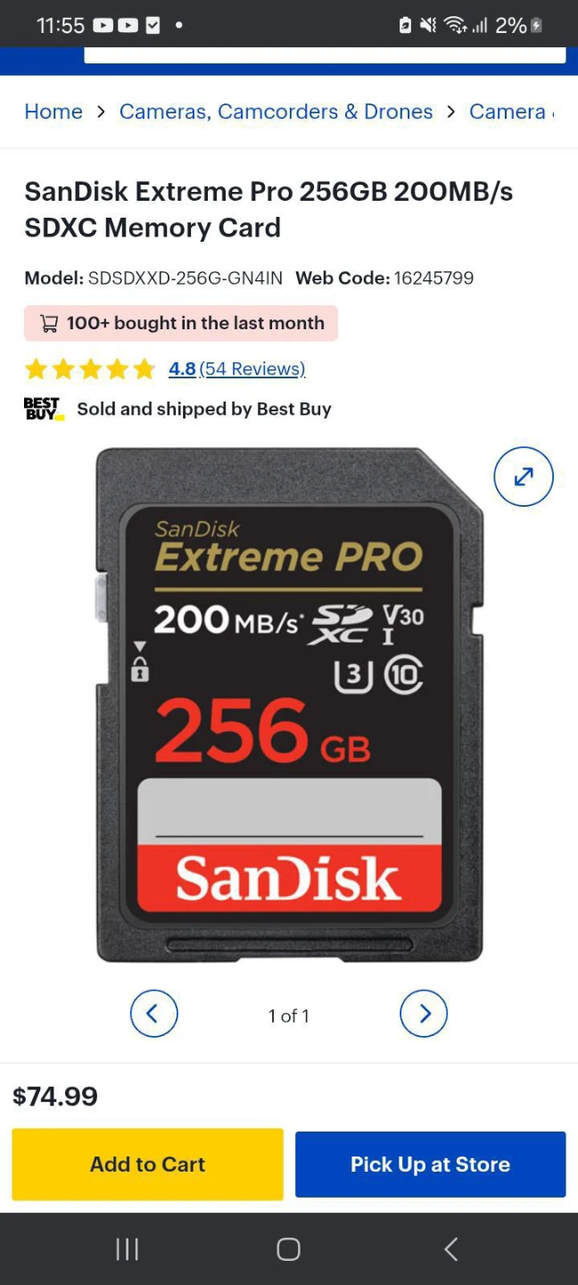 SanDisk Extreme Pro 256GB 200MB/s SDXC Memory Card