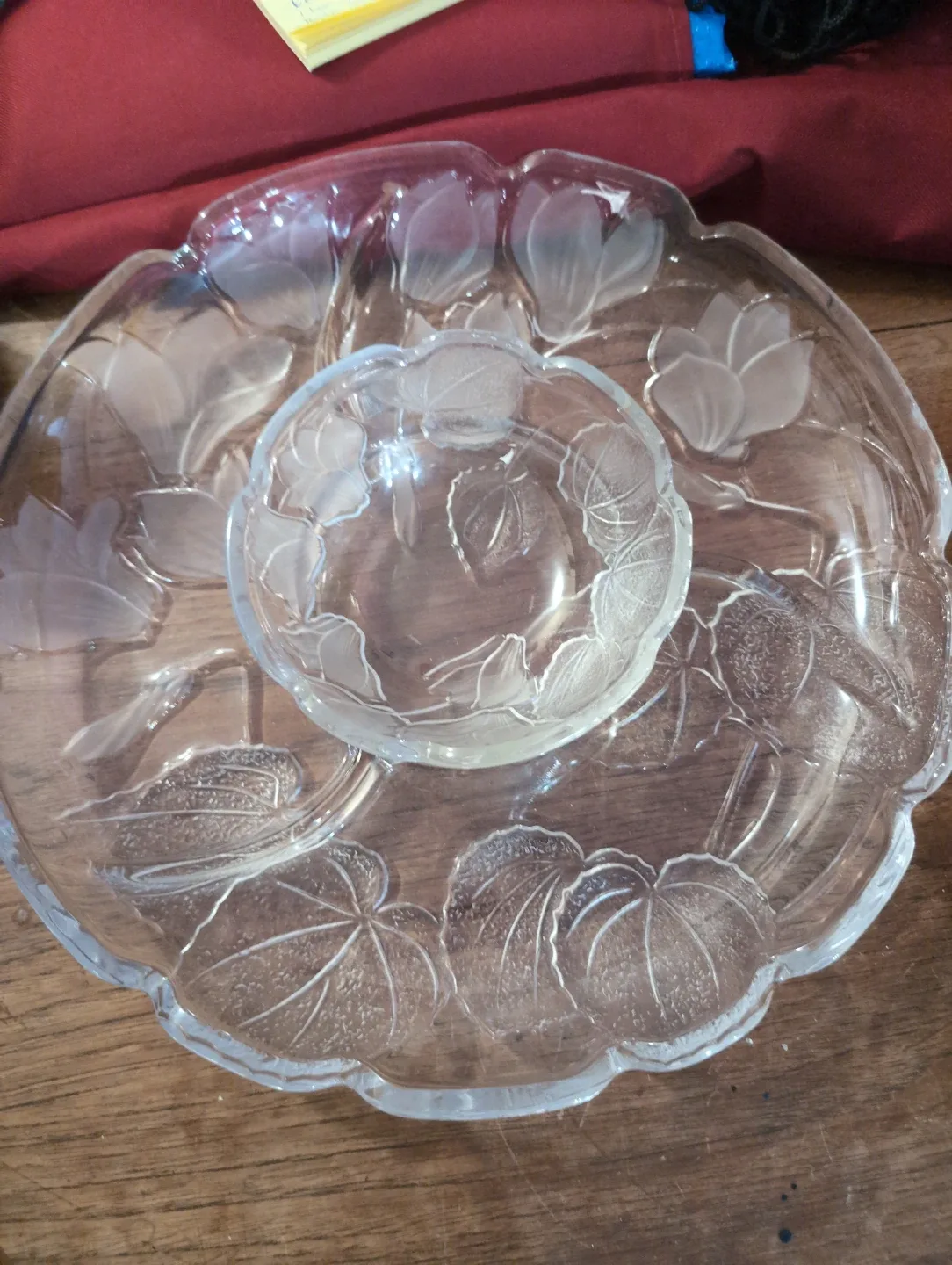 Floral Etched Glass Serving Platter with matching dip bowl image indicator(4)