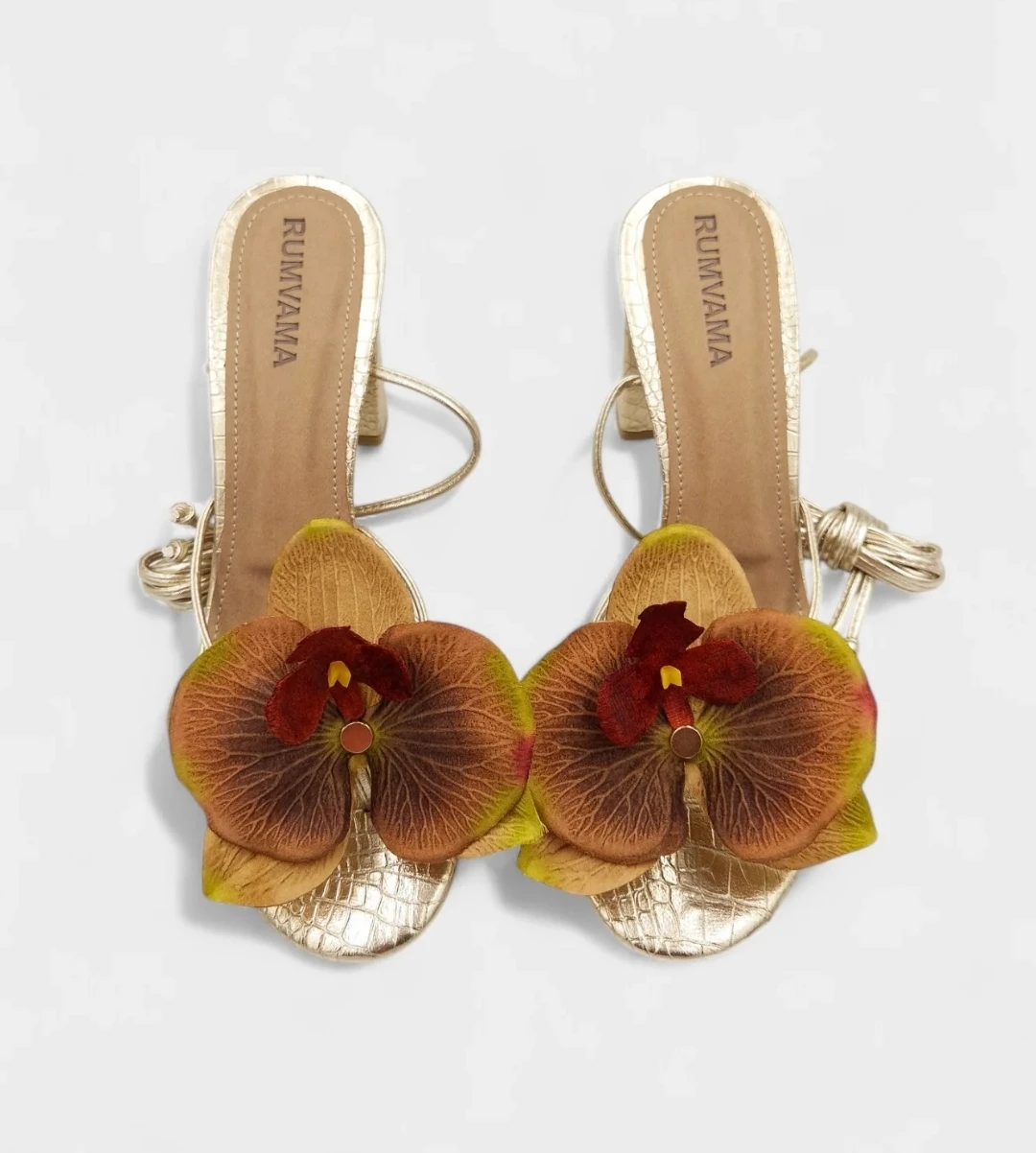 RUMVAMA Caramel Orchid Gold Heels (Size 7) - NEW!!!