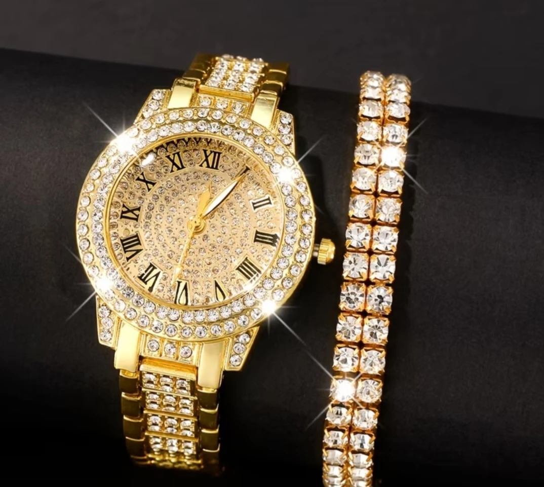 Gold Tone Watch & Bracelet Set