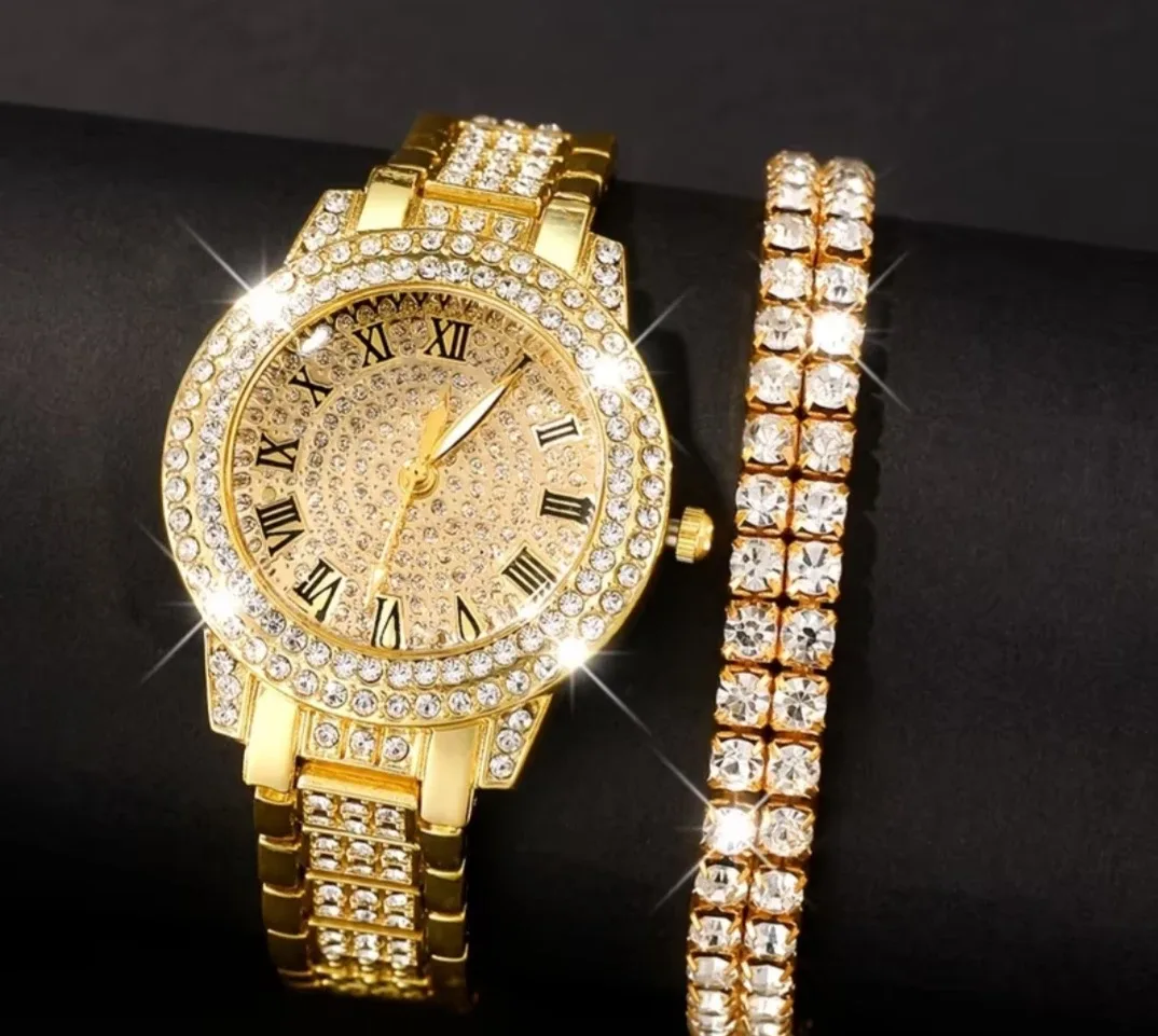 Gold Tone Watch & Bracelet Set