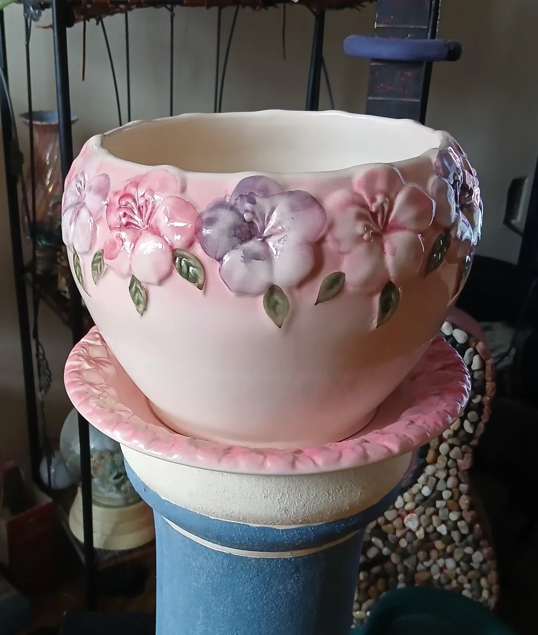 Pink Floral Ceramic Planter with Saucer