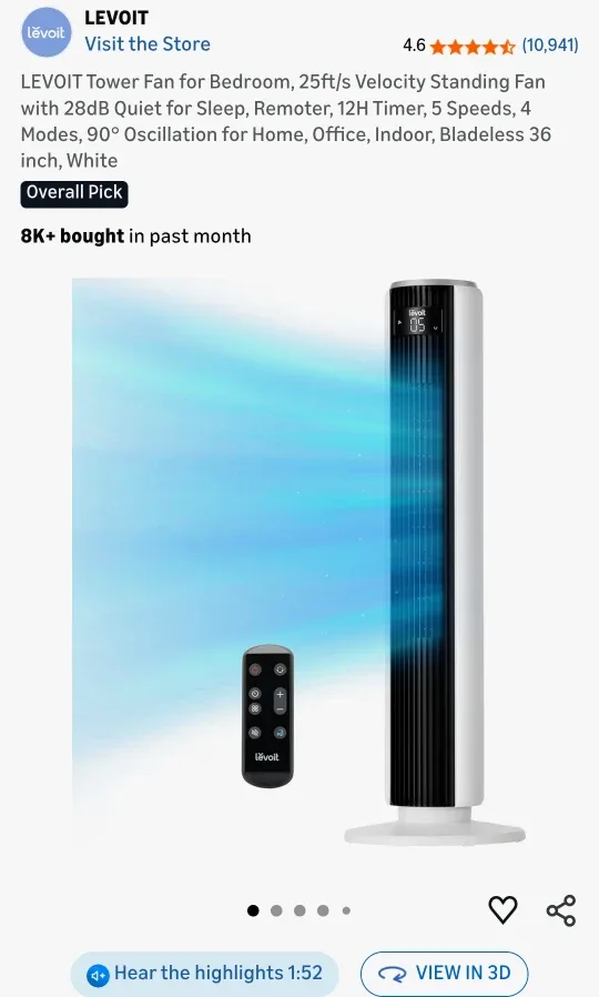 LEVOIT Tower Fan - 36 inch, White