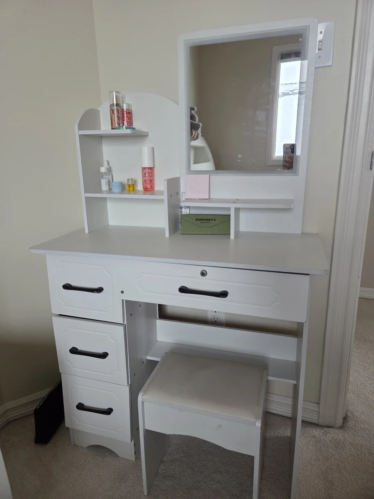 White Vanity Table with Mirror & Stool