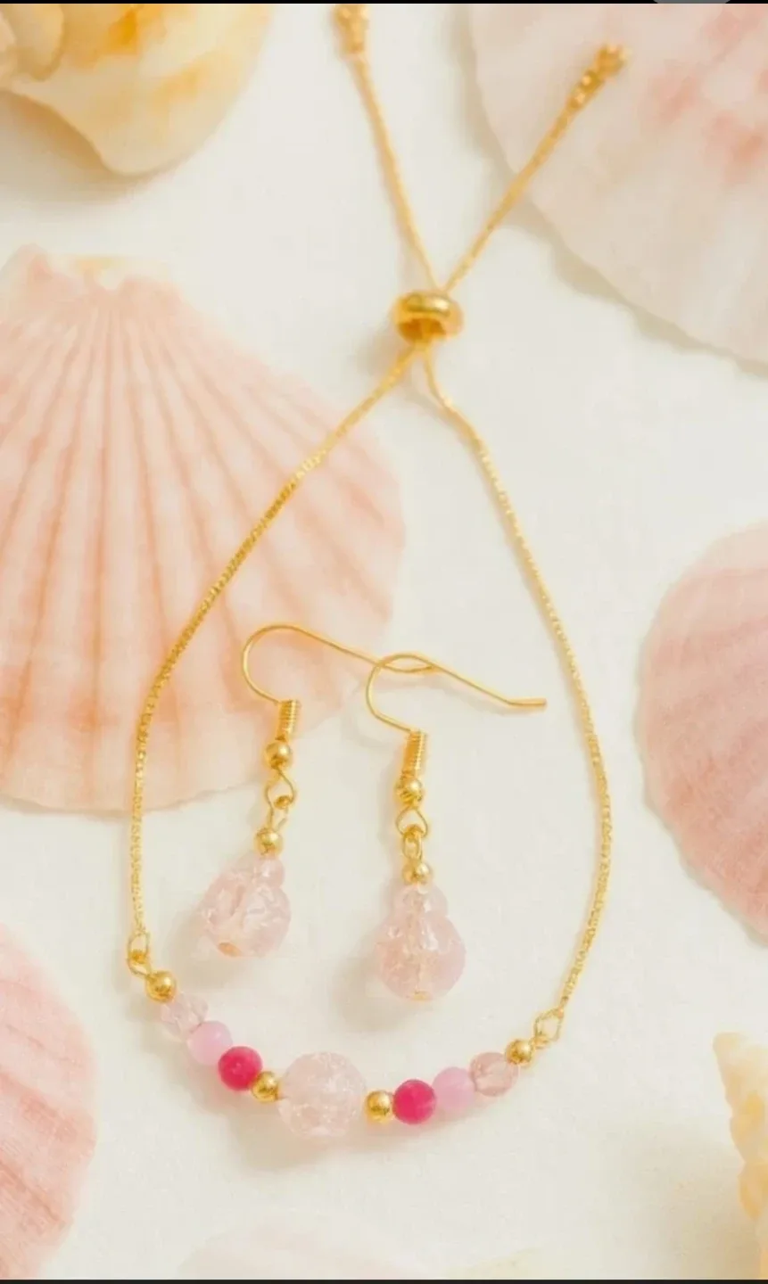 Pink Beaded Bracelet & Earring Set - Handmade image indicator(5)