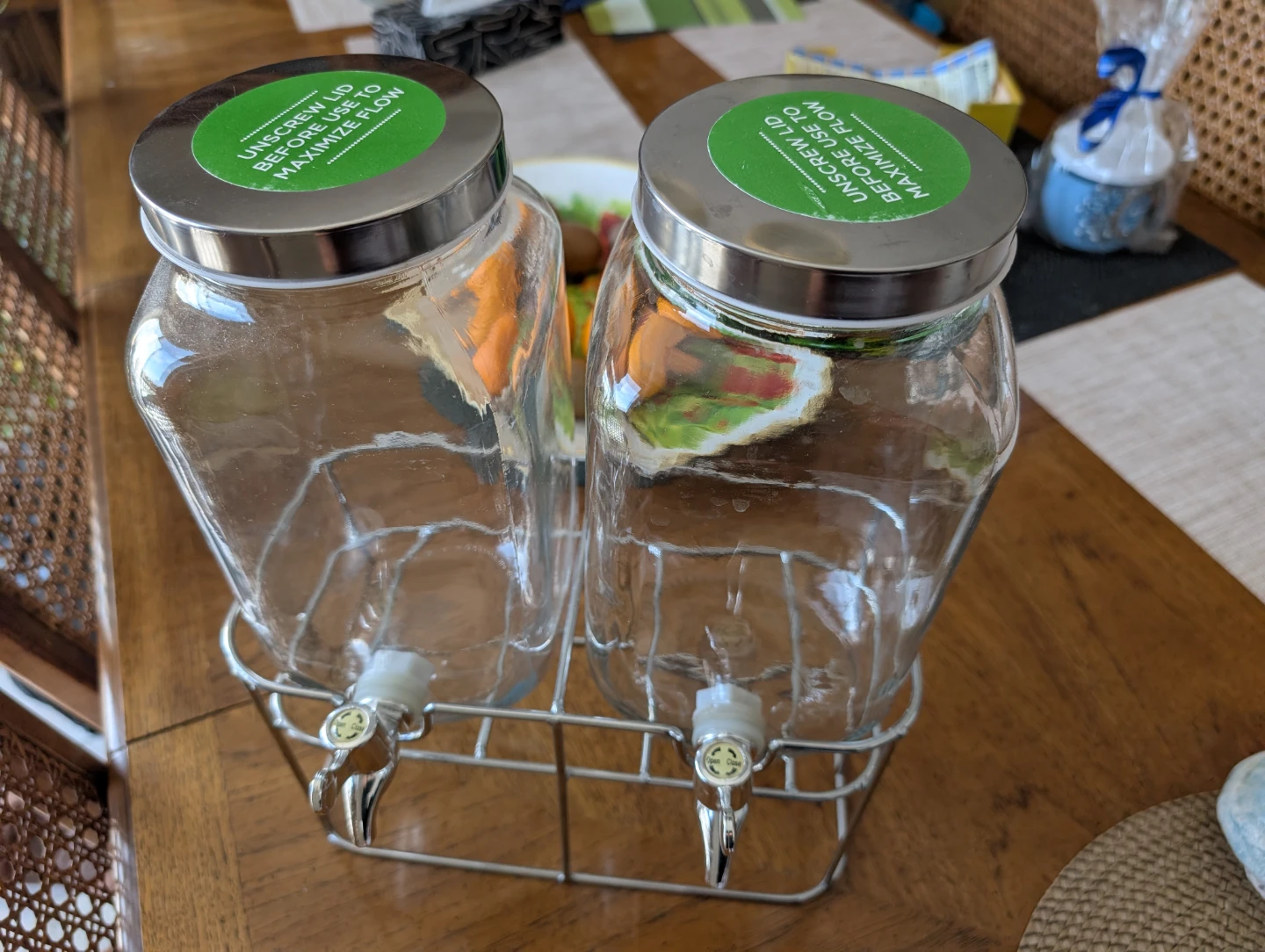 Double Glass Beverage Dispenser Set with Metal Stand