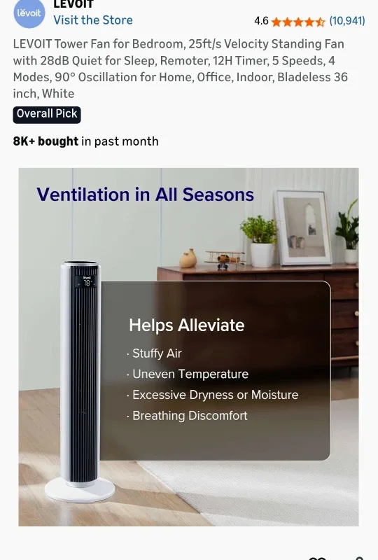 LEVOIT Tower Fan - 36 inch, White image indicator(6)