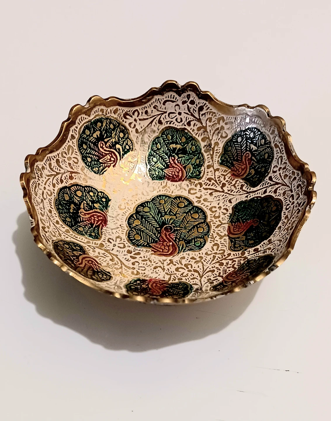Hand Crafted Manakari Enamel Carved Brass Peacocks Bowl