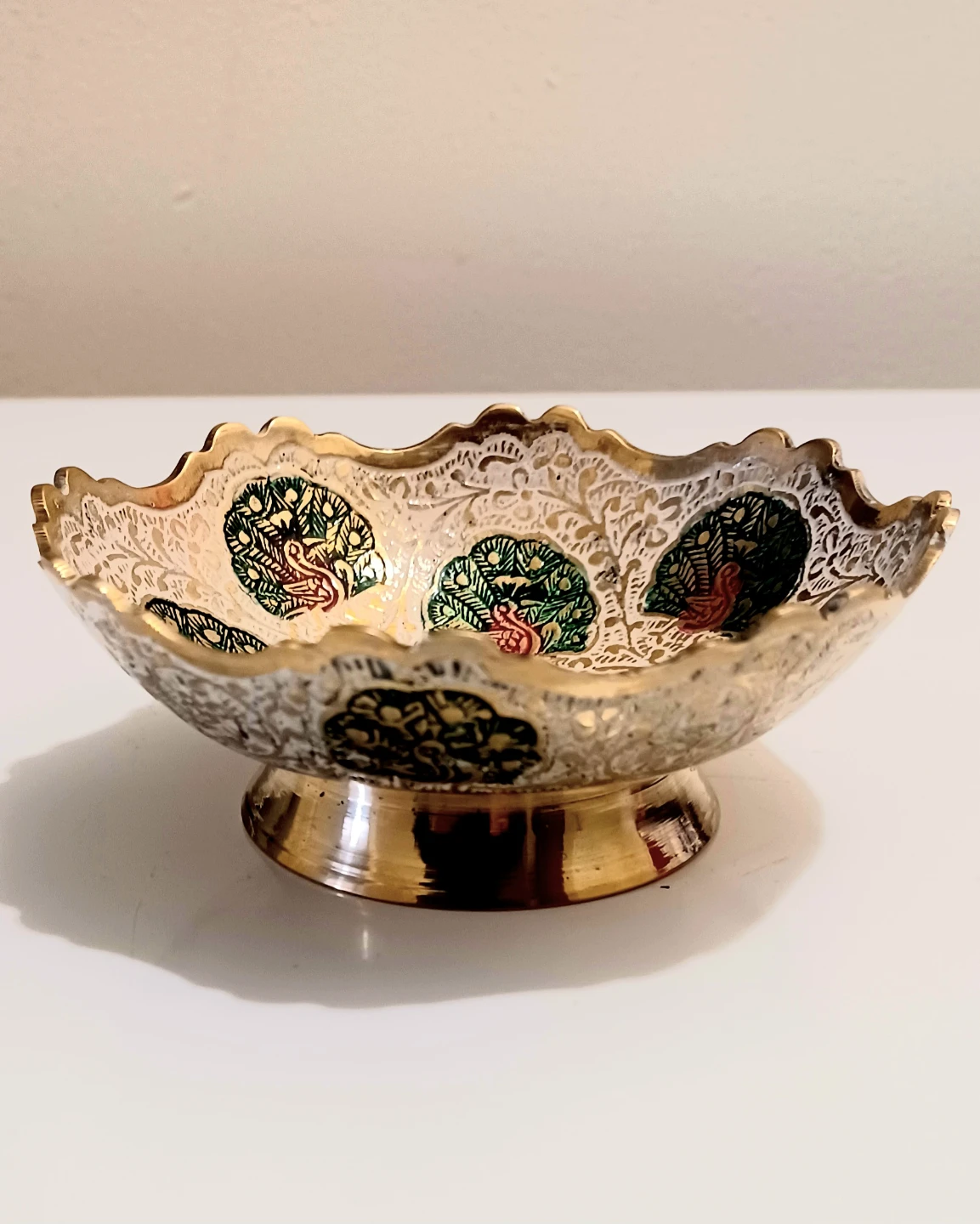 Hand Crafted Manakari Enamel Carved Brass Peacocks Bowl - photo 2