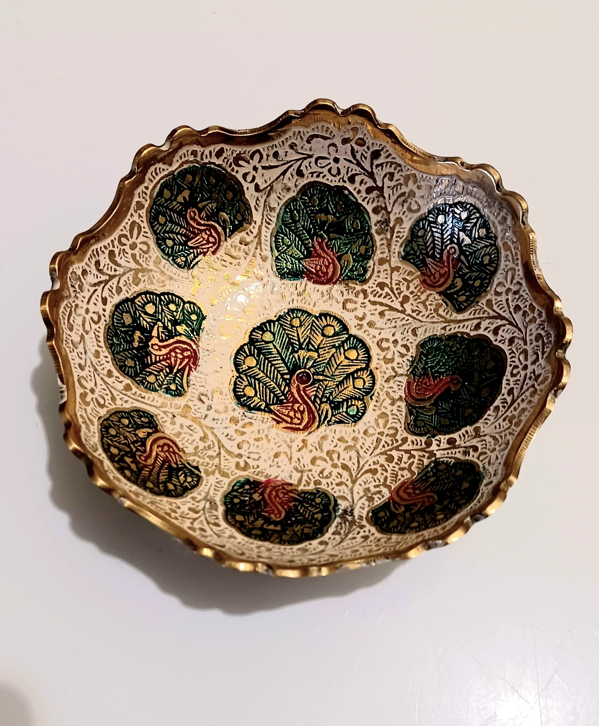 Hand Crafted Manakari Enamel Carved Brass Peacocks Bowl - photo 3