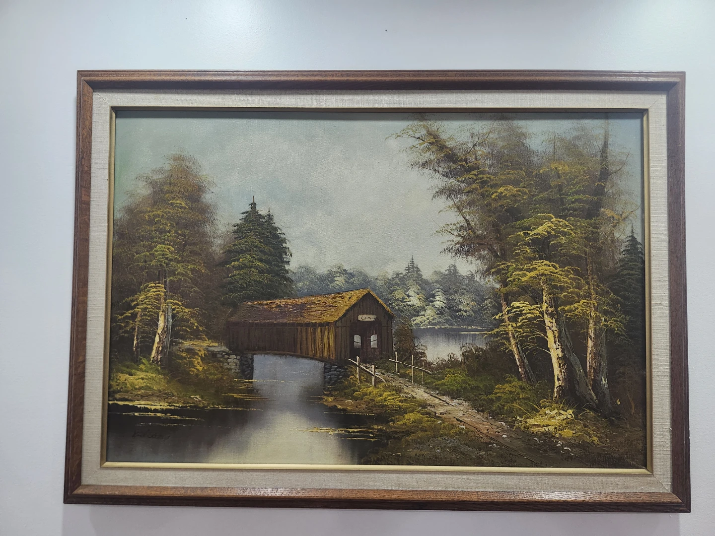 Framed Landscape Painting – Covered Bridge & Forest Scene