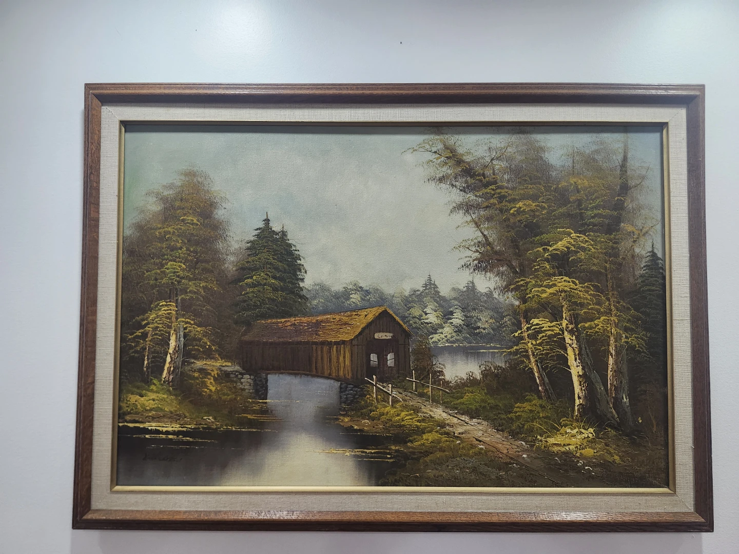 Framed Landscape Painting – Covered Bridge & Forest Scene - photo 3