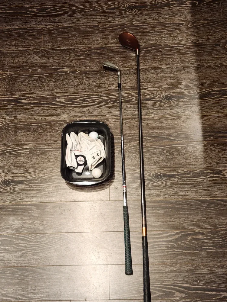 Taylor Made and TL Golf Clubs, Titleist & UA Gloves, and 2 balls