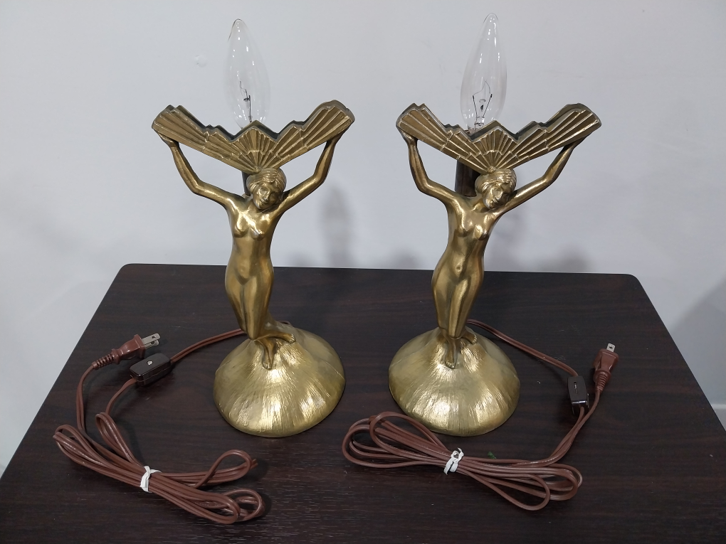 Art Deco Lady Sculpture Victory Metal Table Lamp Pair - photo 3