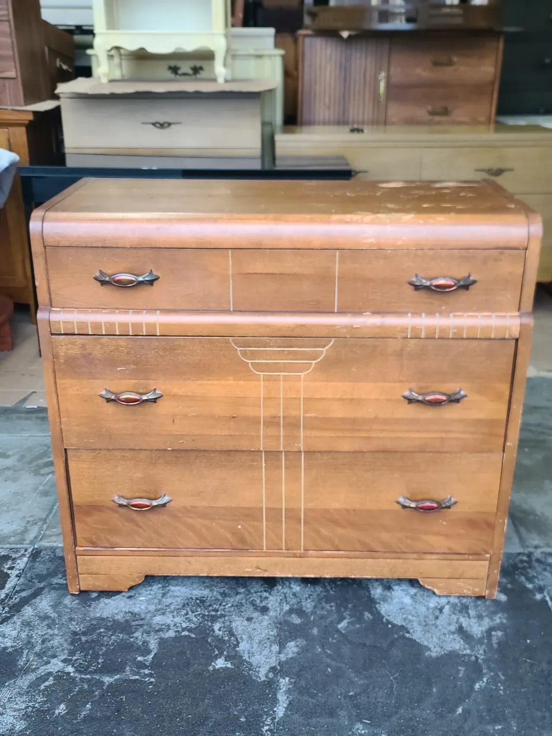 Vintage Art Deco Waterfall Dresser – 3 Drawer