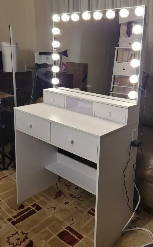 White Vanity Makeup Table with Lighted Mirror image indicator(2)