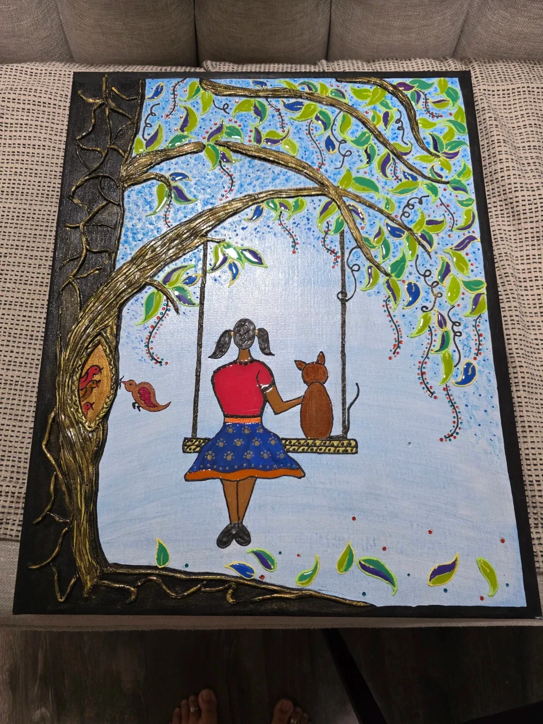 Hand-painted Girl on Swing with Cat
